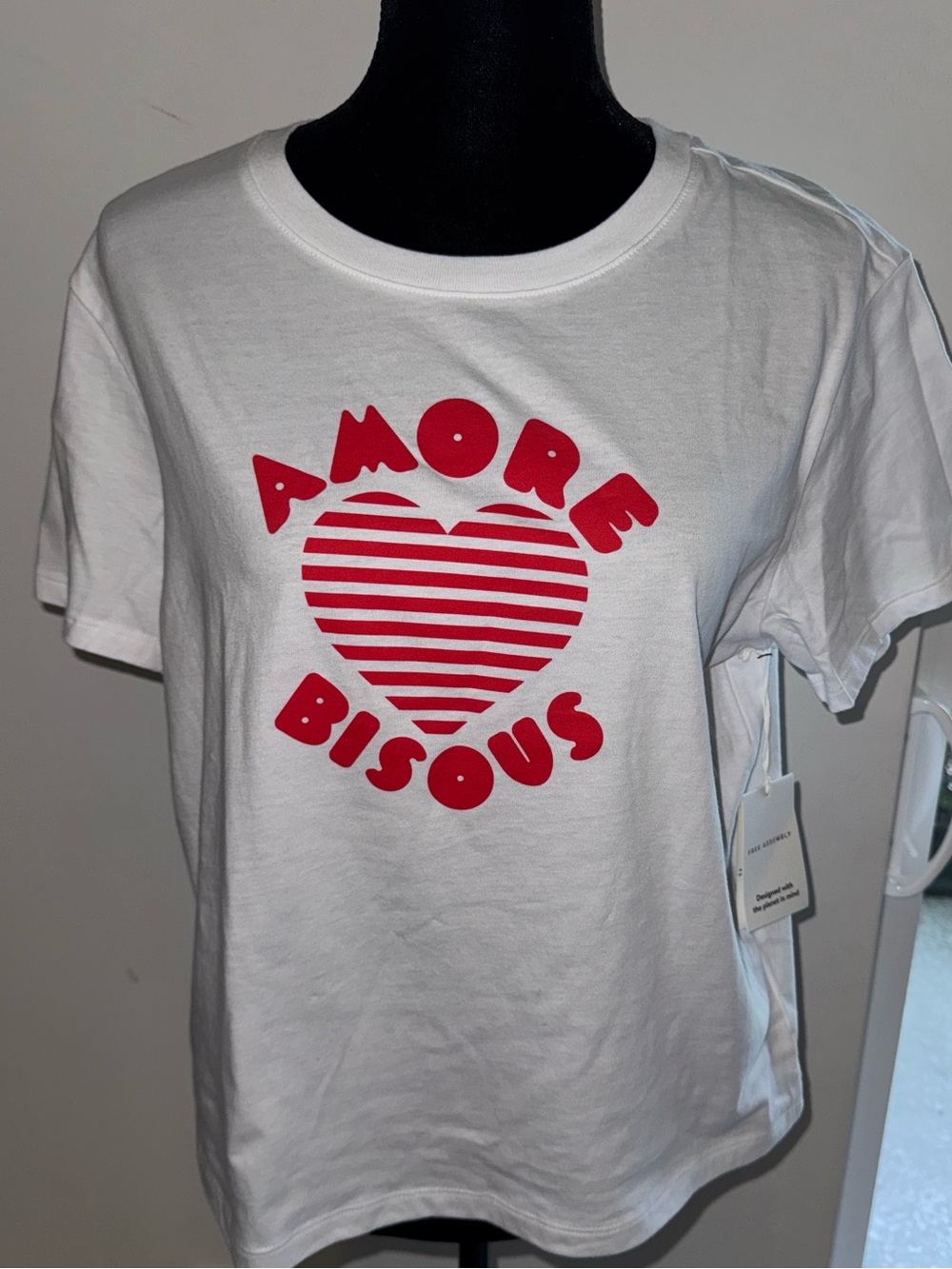White Short-Sleeve Graphic Tee with Red Heart Print